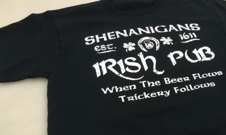 black t-shirt with white Irish pub letter print 