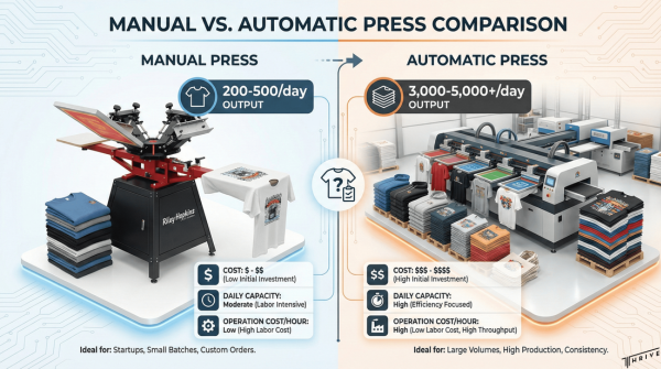 Comparison graphic showing differences between manual and automatic screen printing presses in cost and output.