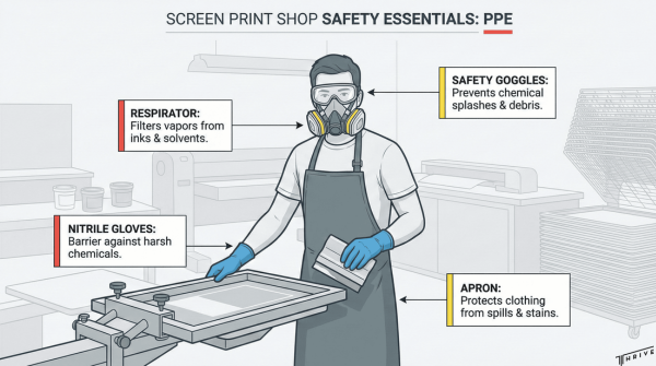Visual showing essential personal protective equipment for screen print shop workers with safety callouts.