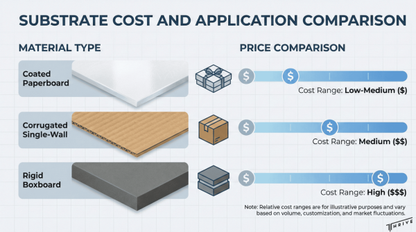 Visual chart comparing coated paperboard, corrugated, and rigid boxboard costs and applications.