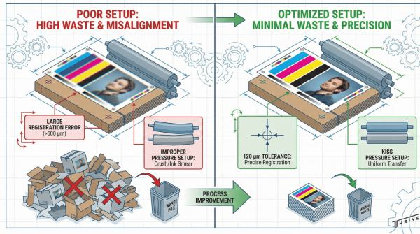 Comparison of poor vs. precise box print registration and their impact on material waste.