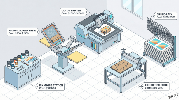 Diagram of a small-scale box printing setup showing screen press, digital printer, and die-cut station.
