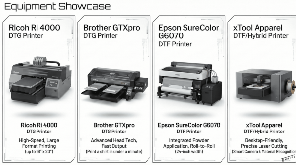 Images of top DTG and DTF printers with model names and features.
