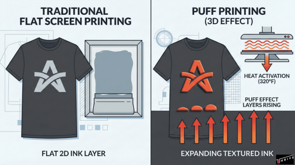 Visual comparison of traditional flat screen printing versus dimensional puff printing with heat-induced expansion.