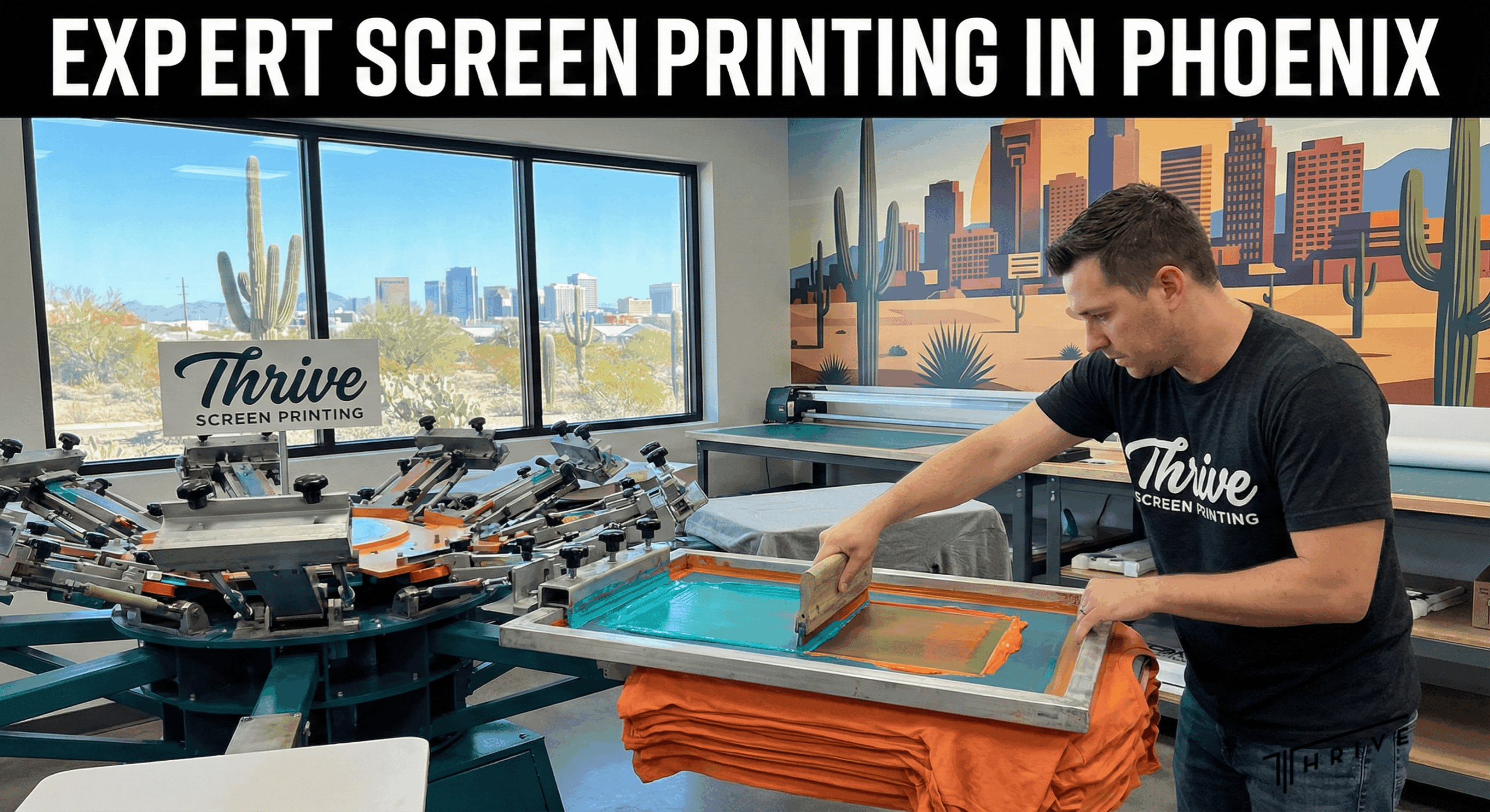 Professional screen printer applying ink on fabric at a Phoenix-based facility.