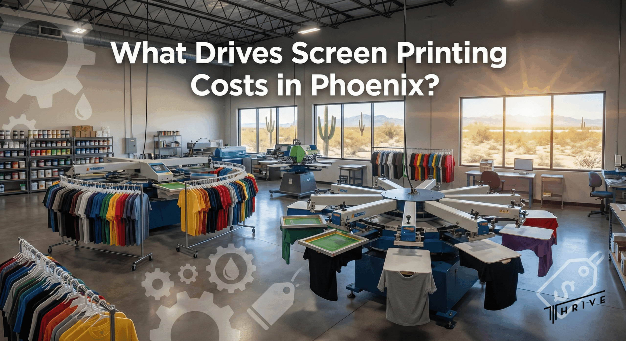 Screen printing workshop in Phoenix with printing equipment and finished shirts