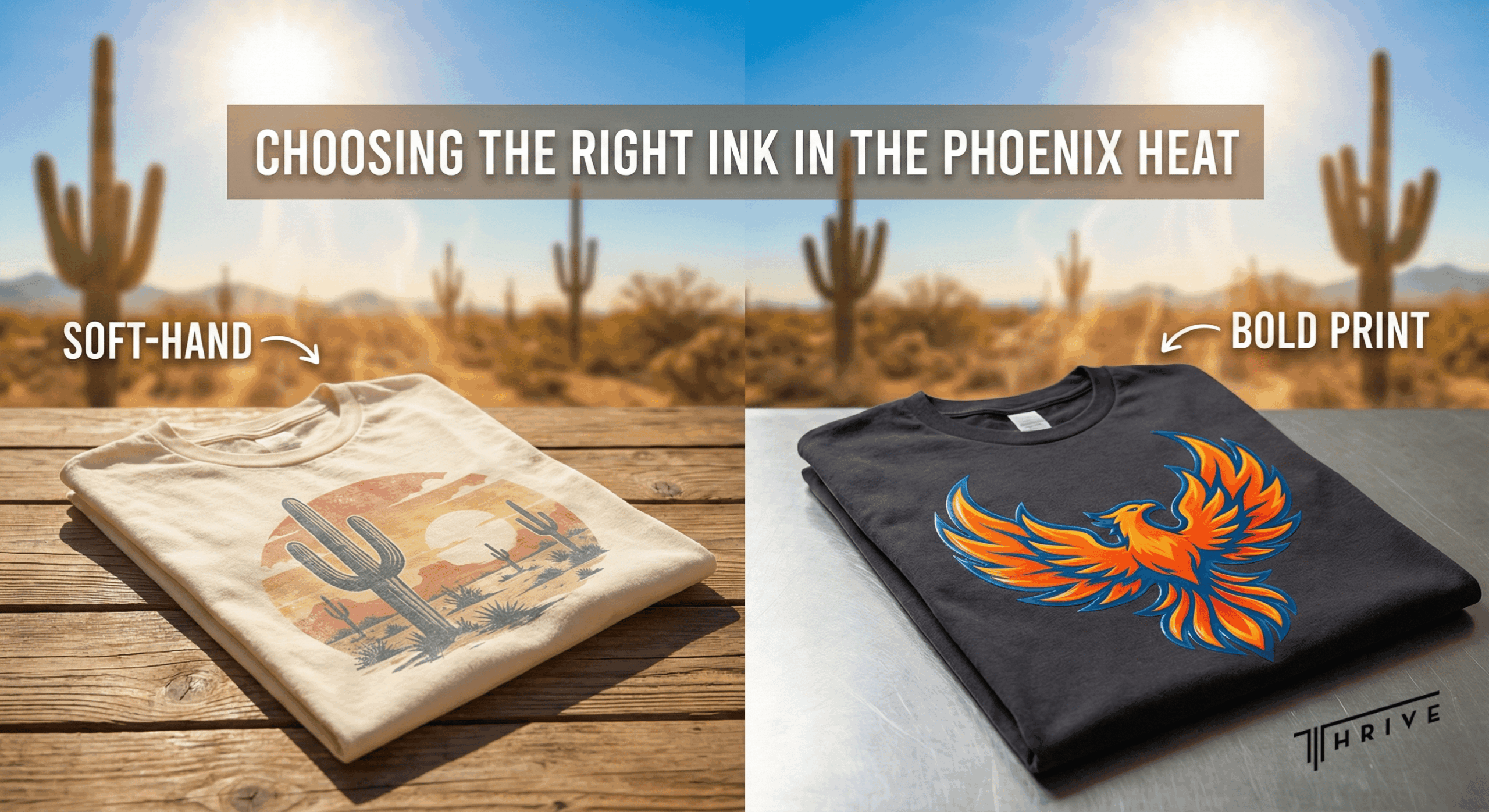 Side-by-side comparison of water-based and plastisol ink prints on t-shirts against a Phoenix desert backdrop.