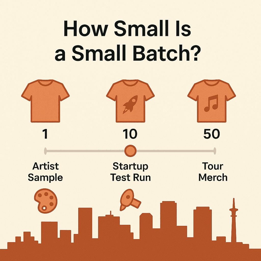 Visual scale from 1 to 50 shirts showing small batch screen printing quantity examples for artists, startups, and bands.
