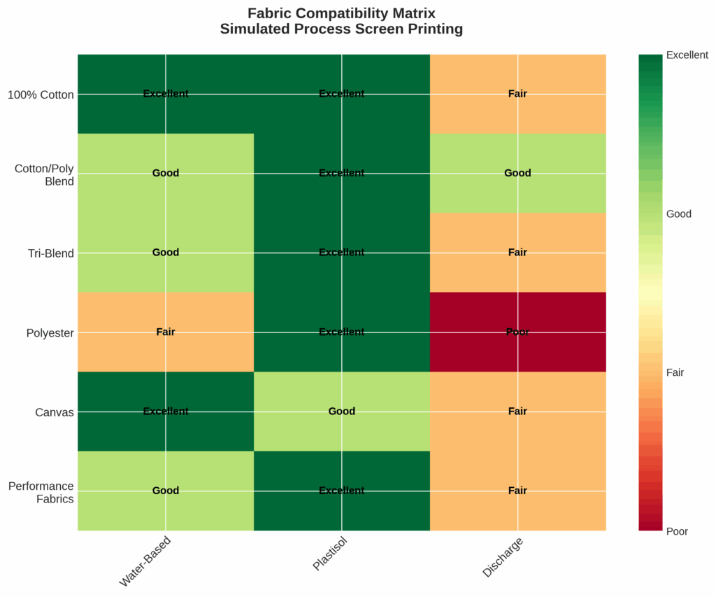 Heat map matrix showing fabric compatibility with water-based, plastisol, and discharge inks for simulated process printing