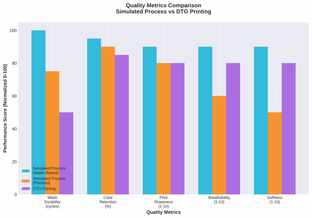 Bar chart comparing quality metrics between simulated process with water-based ink, plastisol ink, and DTG printing