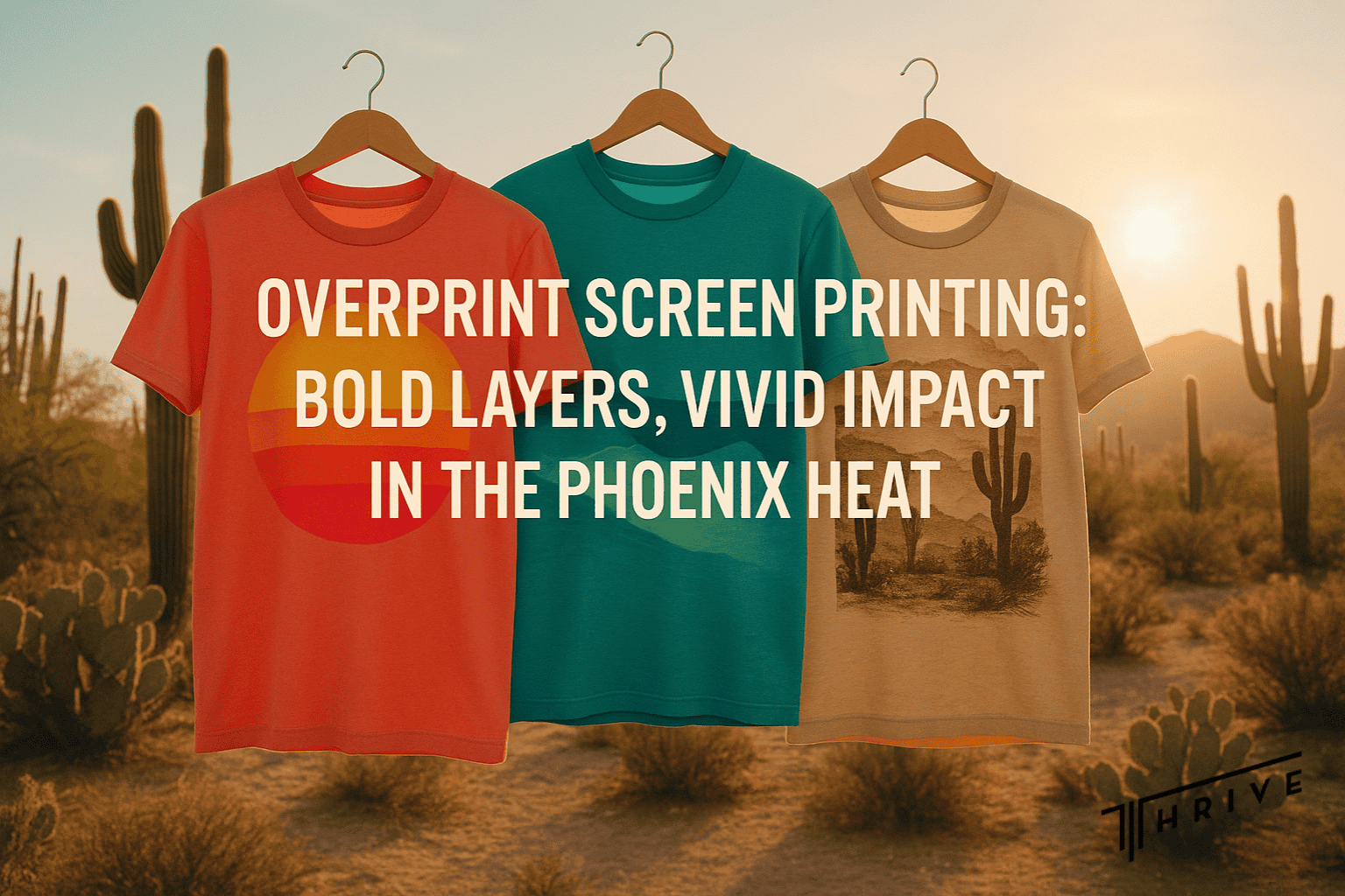 Three t-shirts displaying different overprint screen printing effects against a sunny Phoenix desert background.