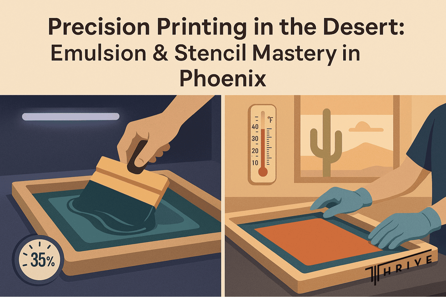 Screen printing technician applying photo emulsion and capillary film in a Phoenix print studio with climate controls and desert background.