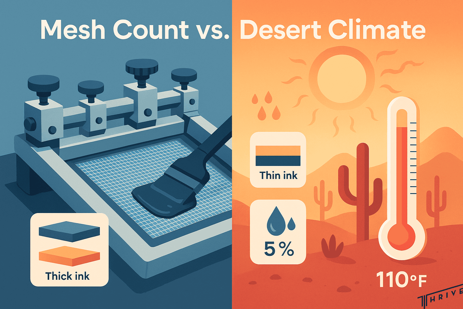 Split image showing screen printing equipment on one side and extreme Phoenix desert climate on the other with temperature and humidity indicators.