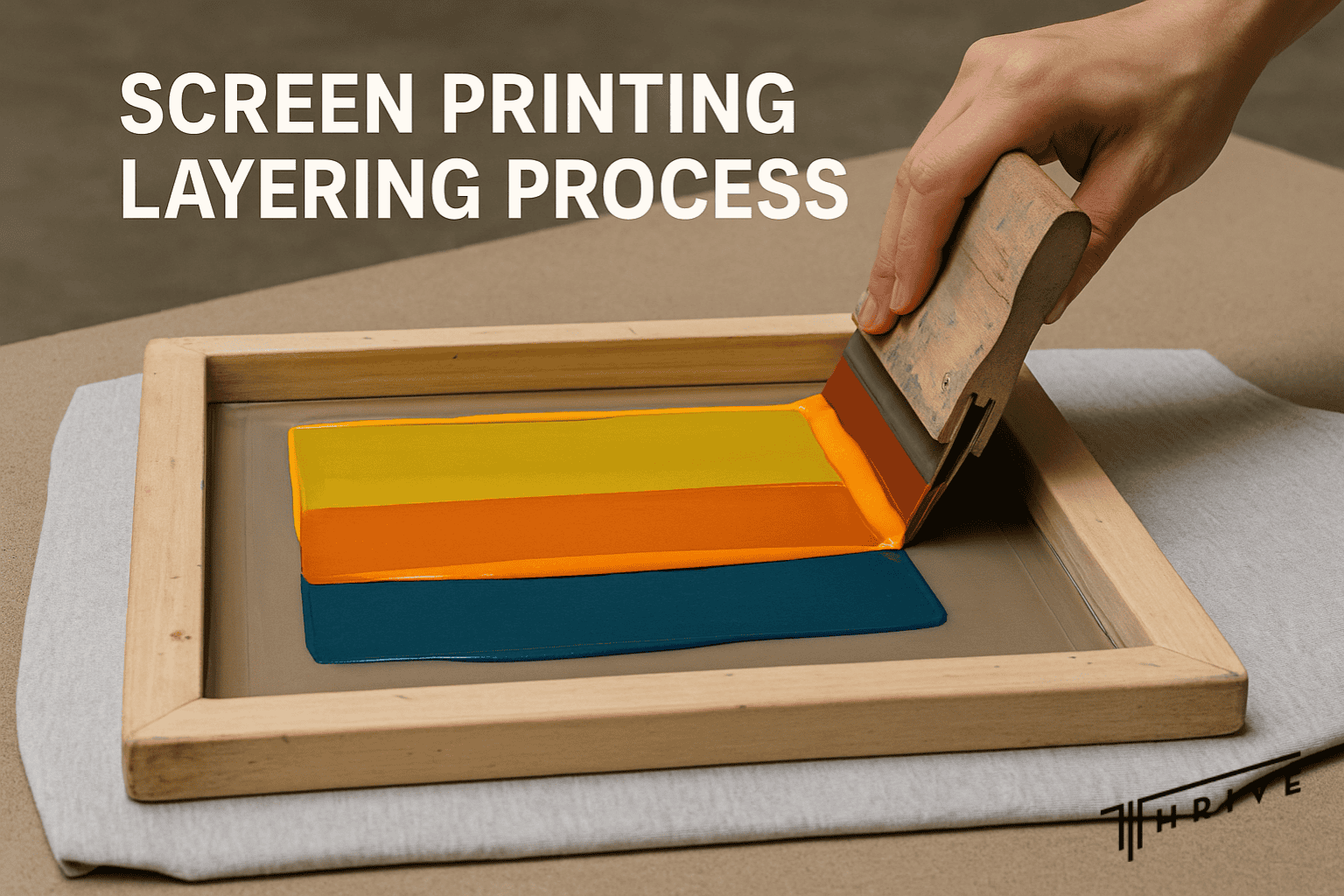 screen‑printing‑process‑overprint‑layering Screen‑printing frame in action showing layered ink being applied to garment