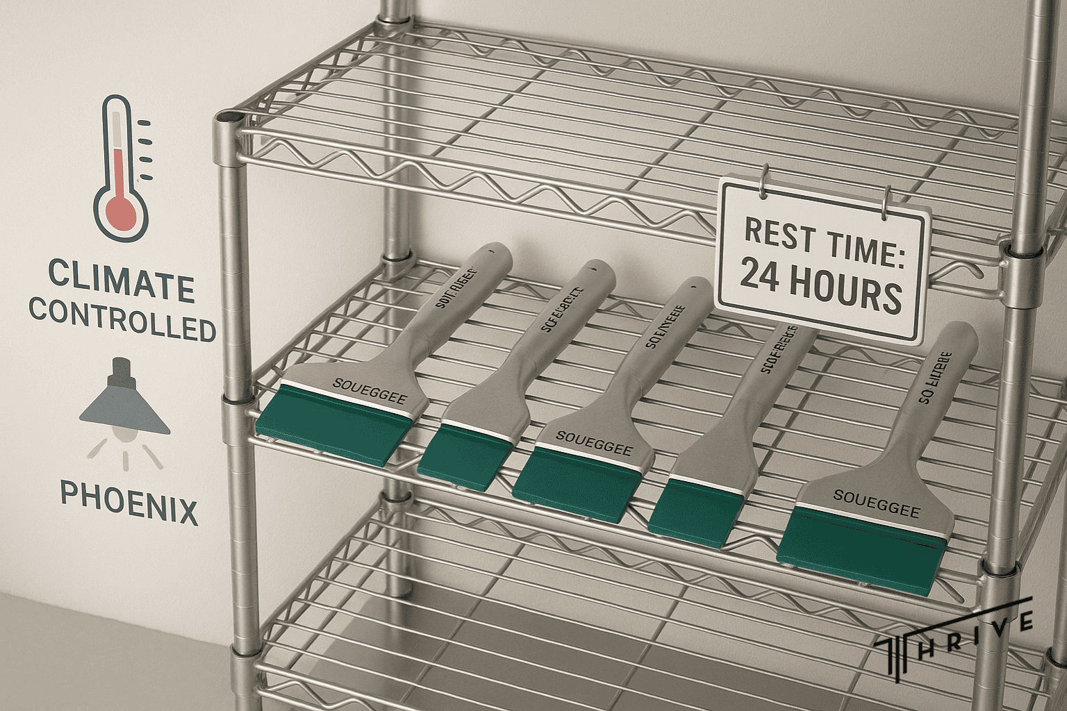 Climate-controlled storage setup showing how to rest screen printing squeegees for longevity.
