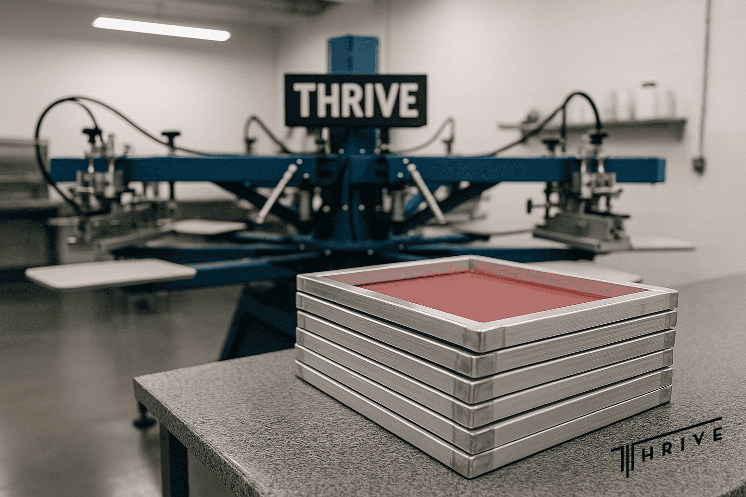 Thrive Screen Printing facility showcasing professional aluminum screen frames in operation.
