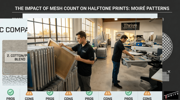 Photo of Thrive Screen Printing’s facility with mesh selection and screen printing equipment in use.