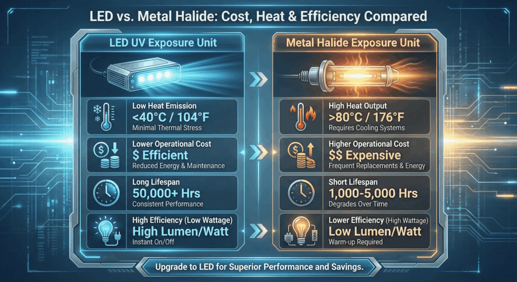 Visual comparison of LED and metal halide UV exposure units highlighting power usage, heat output, and lifespan.