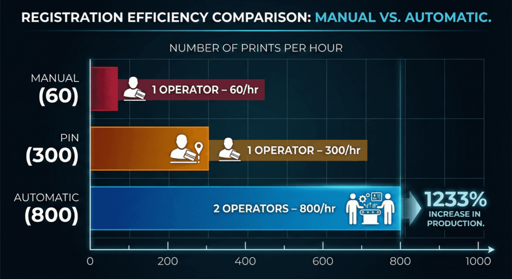 Bar chart comparing print speed and labor requirements for manual, pin, and automatic registration systems.
