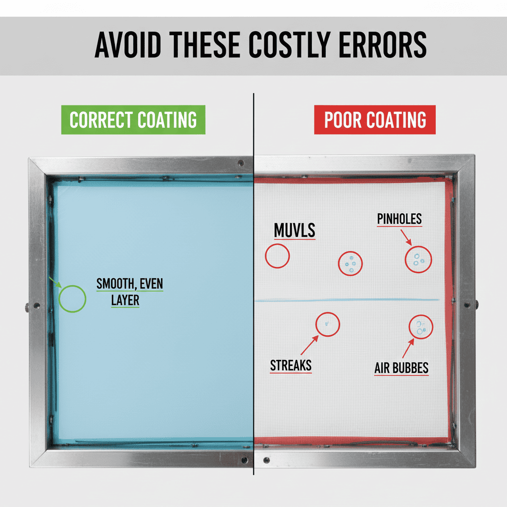 Side-by-side visual comparing proper and improper emulsion coating on screen meshes.