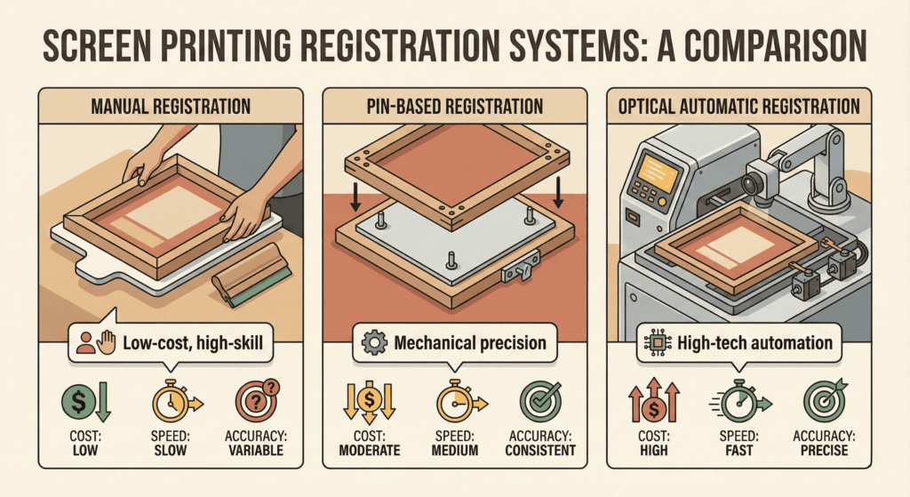 Visual comparison of manual, pin-based, and optical screen printing registration systems with labeled features.