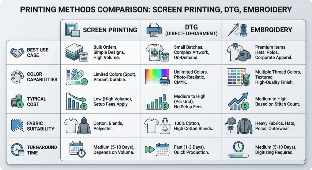 Chart comparing screen printing, DTG, and embroidery for custom apparel.