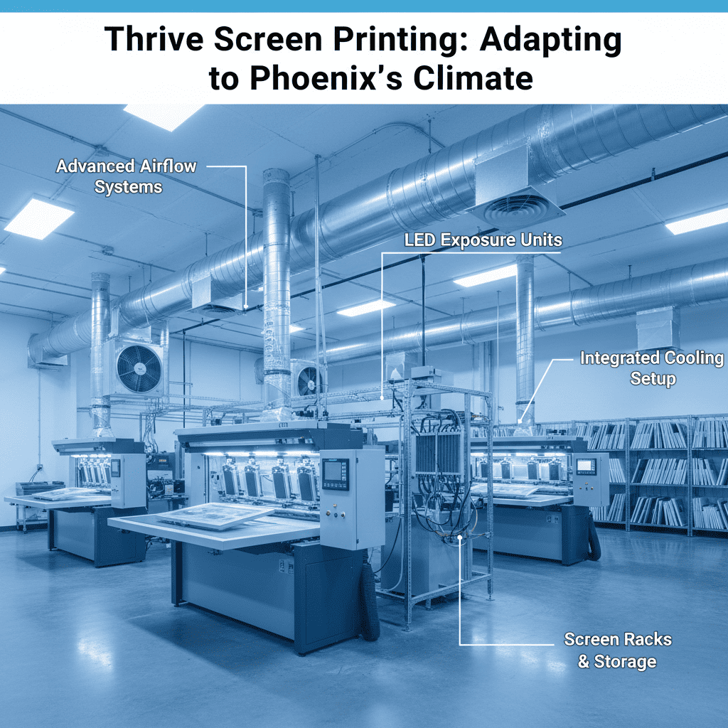 Image of Thrive Screen Printing’s facility showing modern LED UV exposure equipment setup in Phoenix.