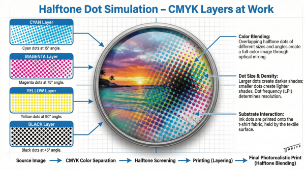 Close-up of CMYK halftone dot layers blending to form a full-color image.