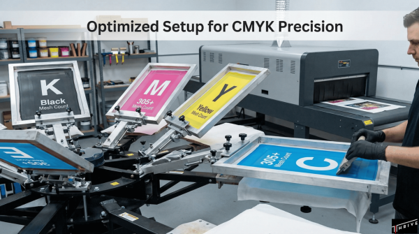 Professional CMYK screen printing setup with labeled mesh screens and registration system.