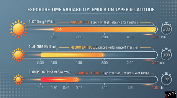 Chart comparing UV exposure times and latitude for diazo, dual-cure, and photopolymer emulsions.