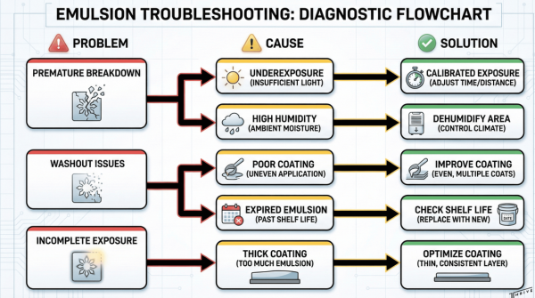 Flowchart outlining causes and solutions for common screen emulsion problems like washout or underexposure.