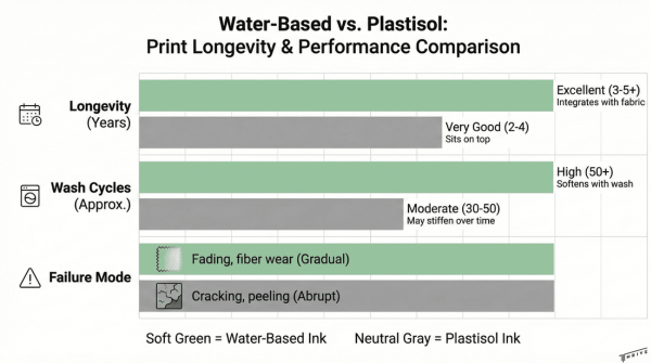 Chart comparing longevity and wash durability of water-based and plastisol inks.