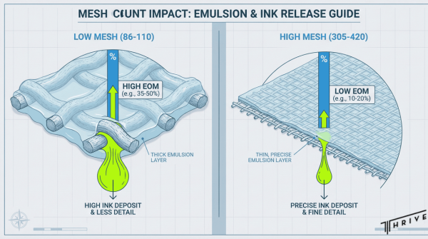 Diagram showing how low and high mesh counts influence emulsion thickness and stencil resolution.