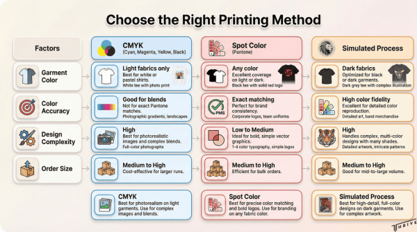 Decision-making chart comparing CMYK, spot color, and simulated process printing methods.