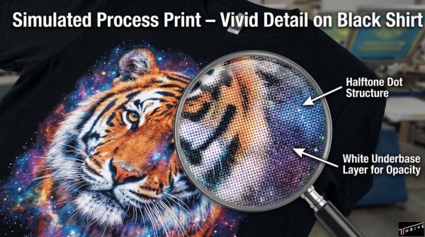 Detailed simulated process print showing photorealistic imagery on a dark t-shirt.