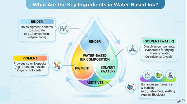 Diagram of water-based ink showing its main ingredients and their roles.