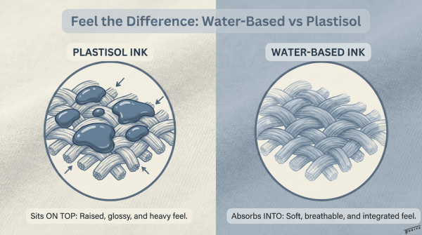 Diagram comparing plastisol ink sitting on fabric vs. water-based ink penetrating fabric fibers.