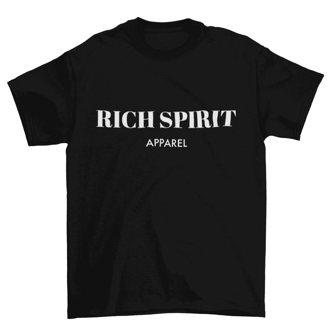 A black t-shirt with the phrase "RICH SPIRIT APPAREL" printed in white capital letters across the chest.
