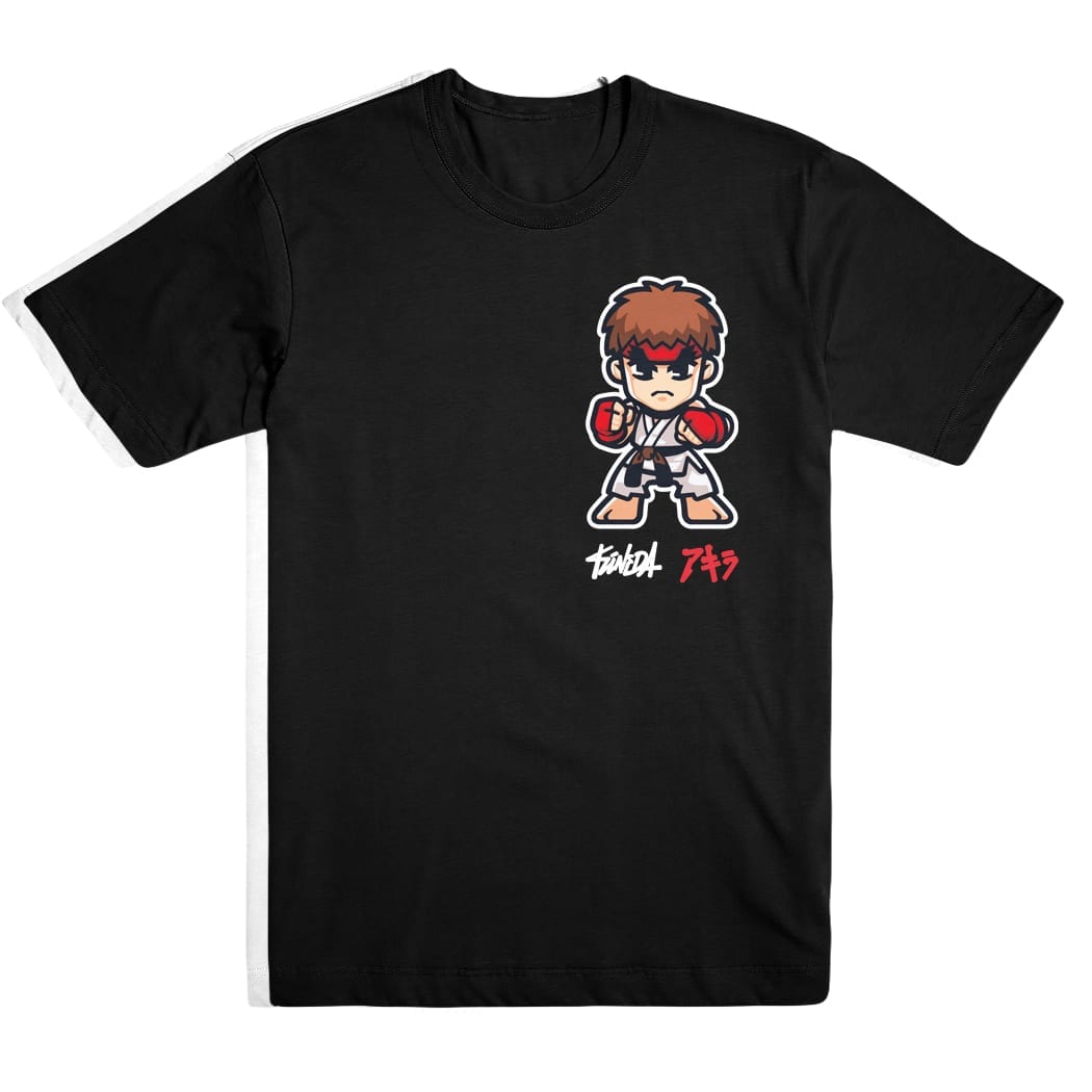 A black t-shirt with a graphic print of a stylized character in red and white clothing, with Japanese text beneath.