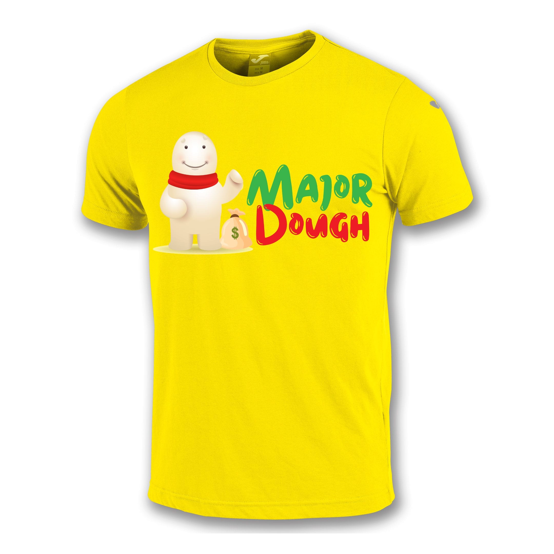 A bright yellow t-shirt with a playful graphic of a smiling cartoonish character wearing a white outfit with a red accessory on the head, alongside the colorful text "Major Dough."