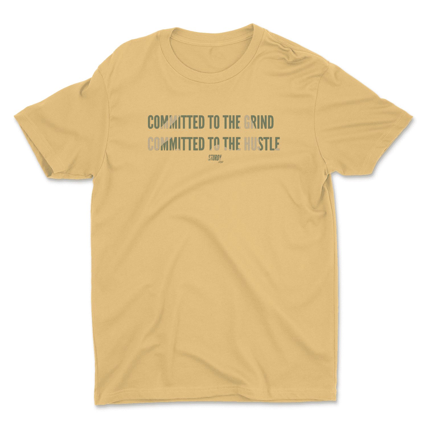 A beige t-shirt with a phrase printed in dark lettering across the chest area, with a staggered, split-line design.